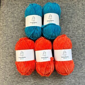 Hobbii Lot of 5 Honey Bunny Chenille Yarn 2 Skeins Aqua 3 Skeins Bright Orange
